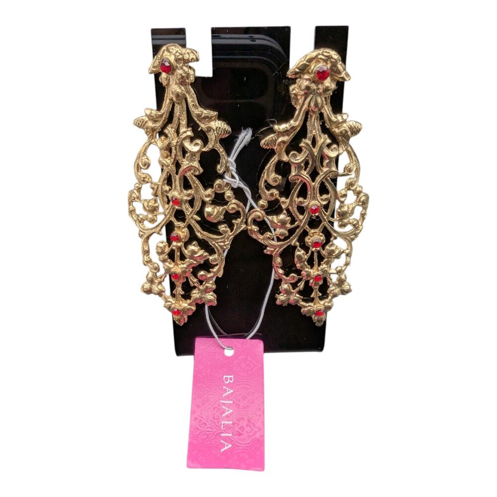 BAJALIA Vintage Style Gold Filigree Red Rhinestone Chandelier Earrings